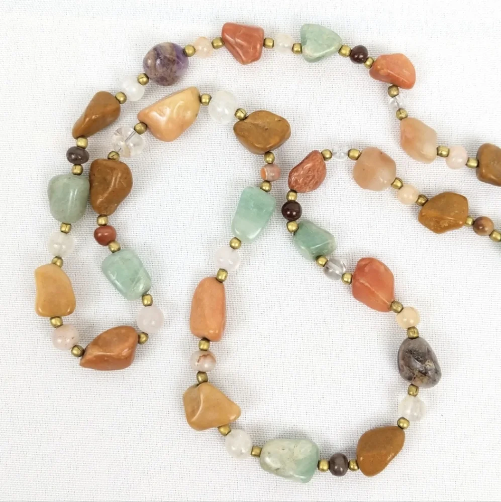 Polished Stone Necklace Agate Crystal Gold Bead Multicolor Natural Hippie Boho